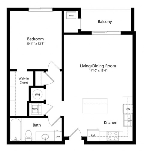 Floor plan for 1 bed, 1 bath, 725 sqft